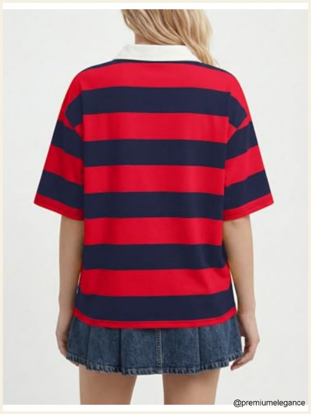 Women's Striped Rugby Polo Shirt Oversized Short Sleeve Lapel V Neck Tee - Picture 2 of 5